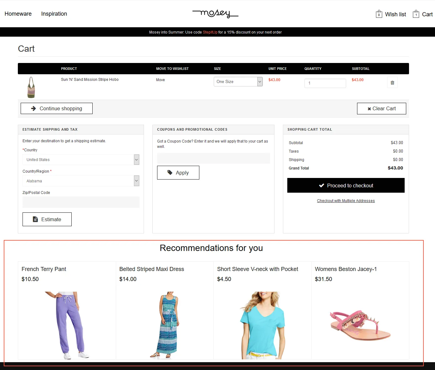 Product set on the basket page