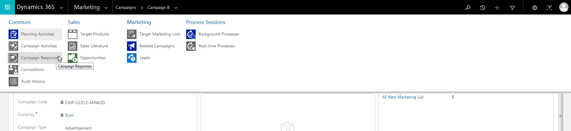 Image: Campaign responses in Microsoft Dynamics menu Image: Campaign responses in Microsoft Dynamics menu