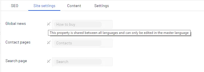 Global properties - the default language is usually the first language listed next to Languages in the header Global properties - the default language is usually the first language listed next to Languages in the header