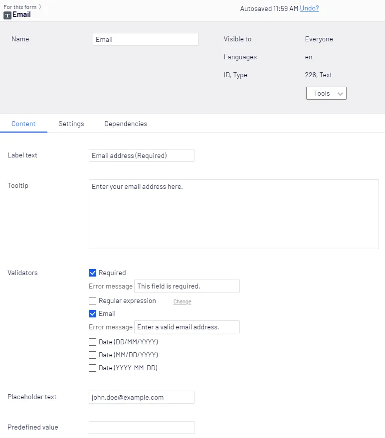 Text element, Content tab Text element, Content tab