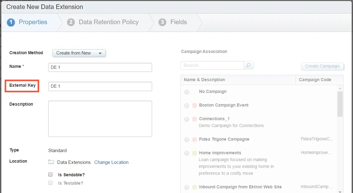 Specifying the External Key when you create a new data extension Specifying the External Key when you create a new data extension
