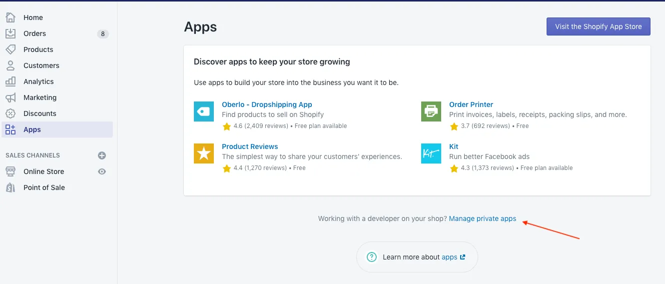Manage private apps link
