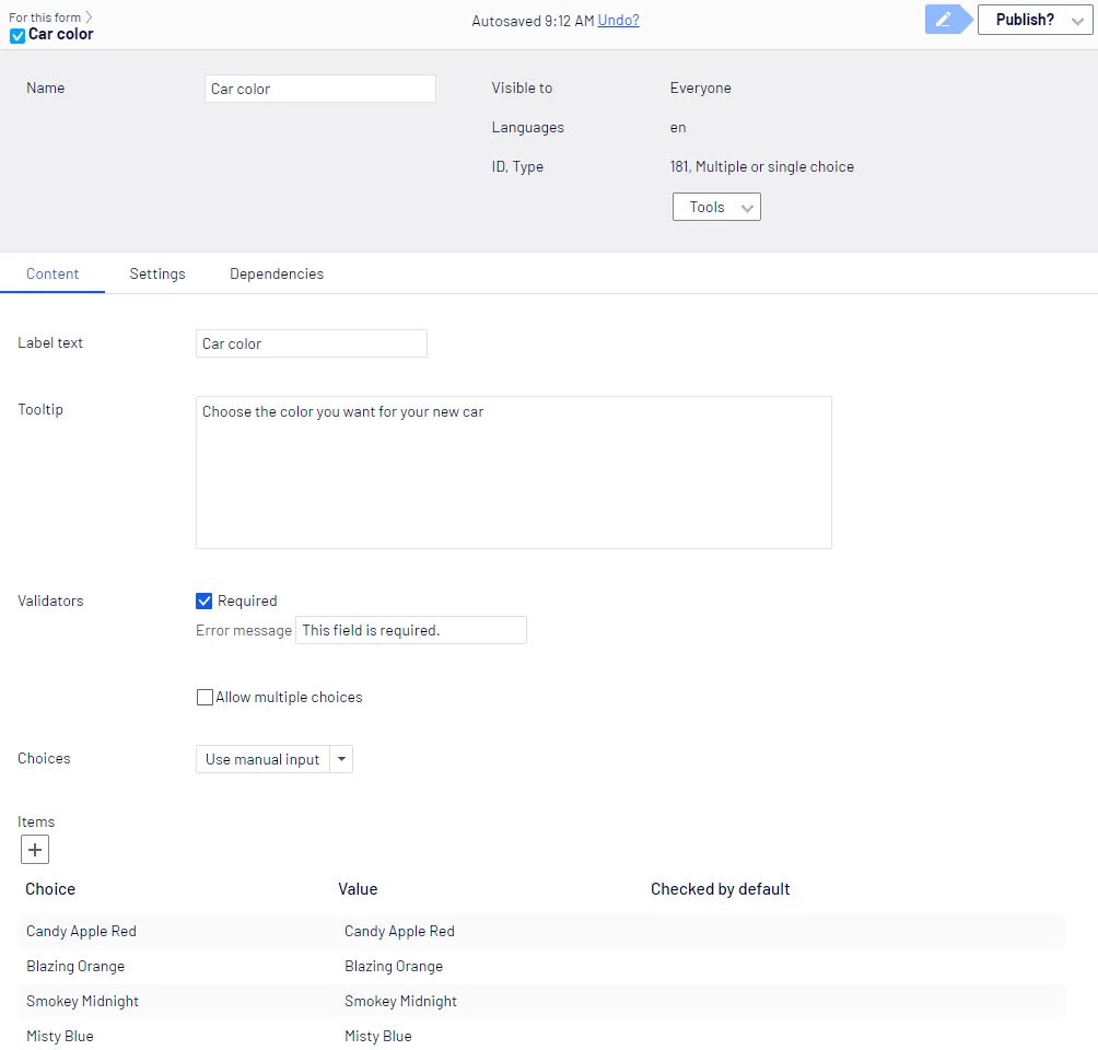 Multiple or single choice element, Content tab Multiple or single choice element, Content tab
