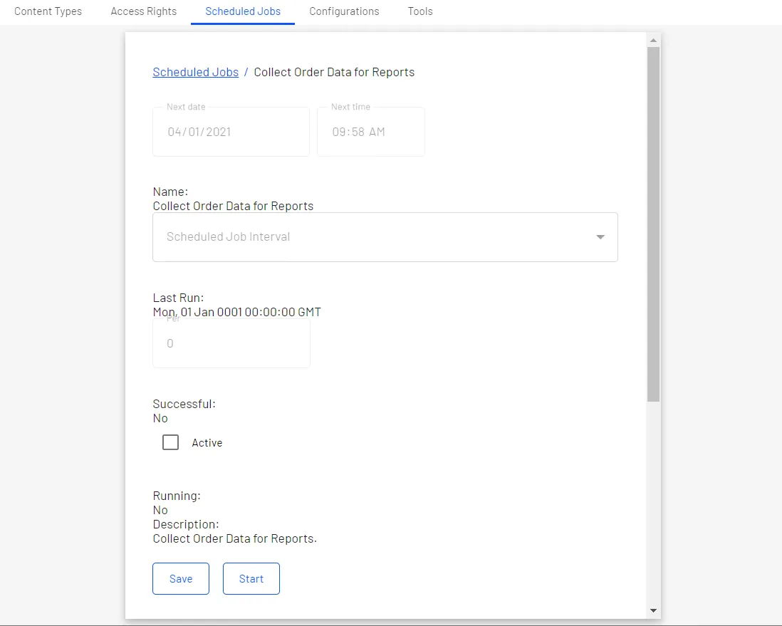 Screenshot of the Optimizely CMS scheduled-jobs page where the Collect Order Data for Reports job is selected. Screenshot of the Optimizely CMS scheduled-jobs page where the Collect Order Data for Reports job is selected.