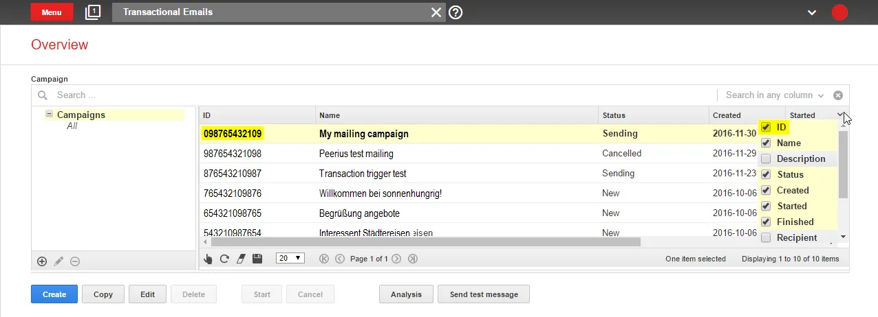 Image: Copy Mailing ID for your campaign from the ID column