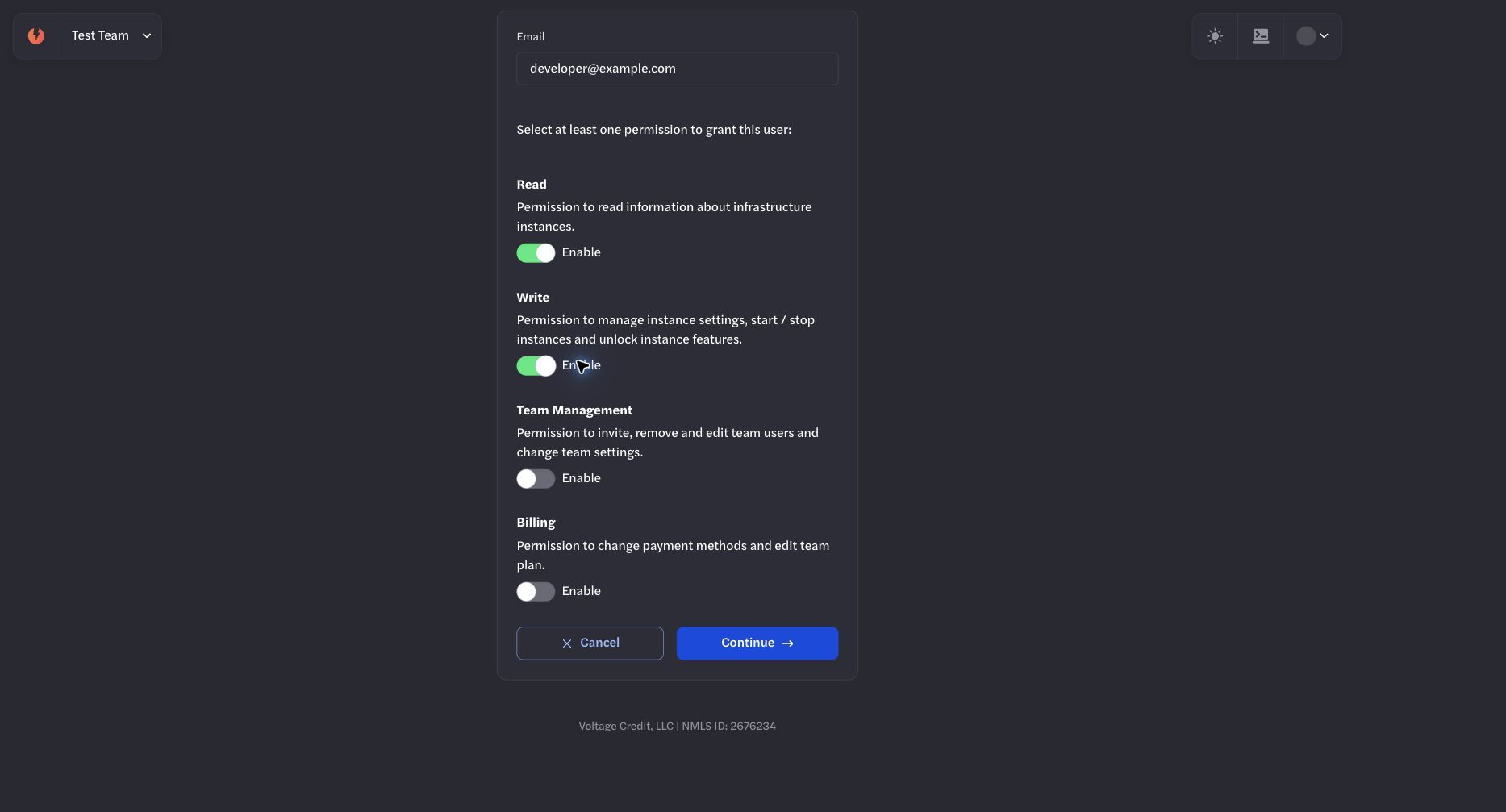 Invite user form with example team permissions selected Invite user form with example team permissions selected