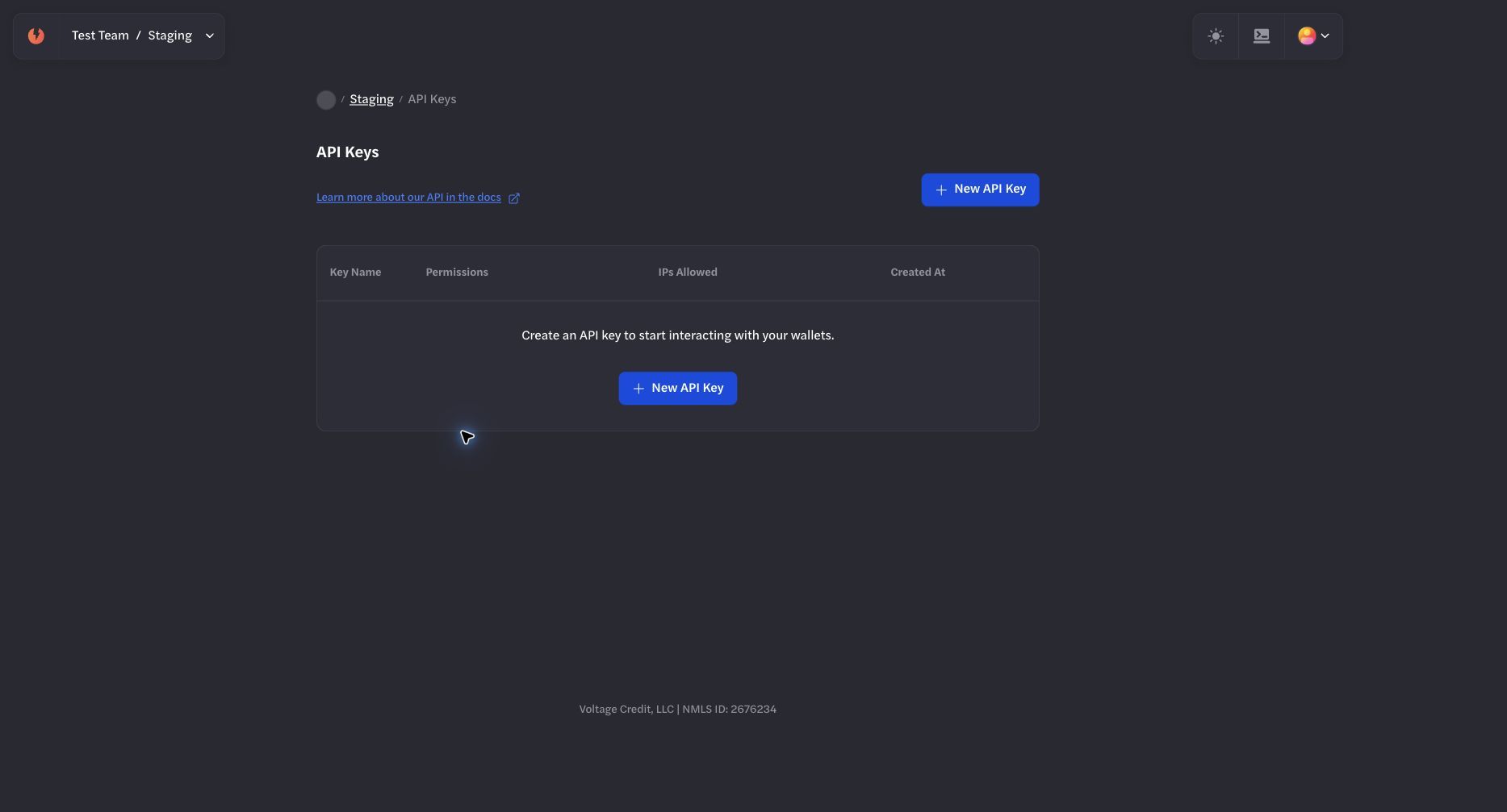 Empty API Keys page for the selected environment Empty API Keys page for the selected environment