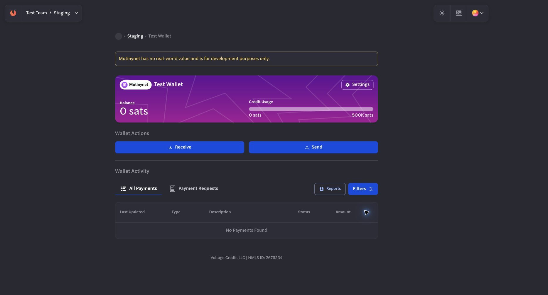 Empty Development wallet overview with Send and Receive actions Empty Development wallet overview with Send and Receive actions