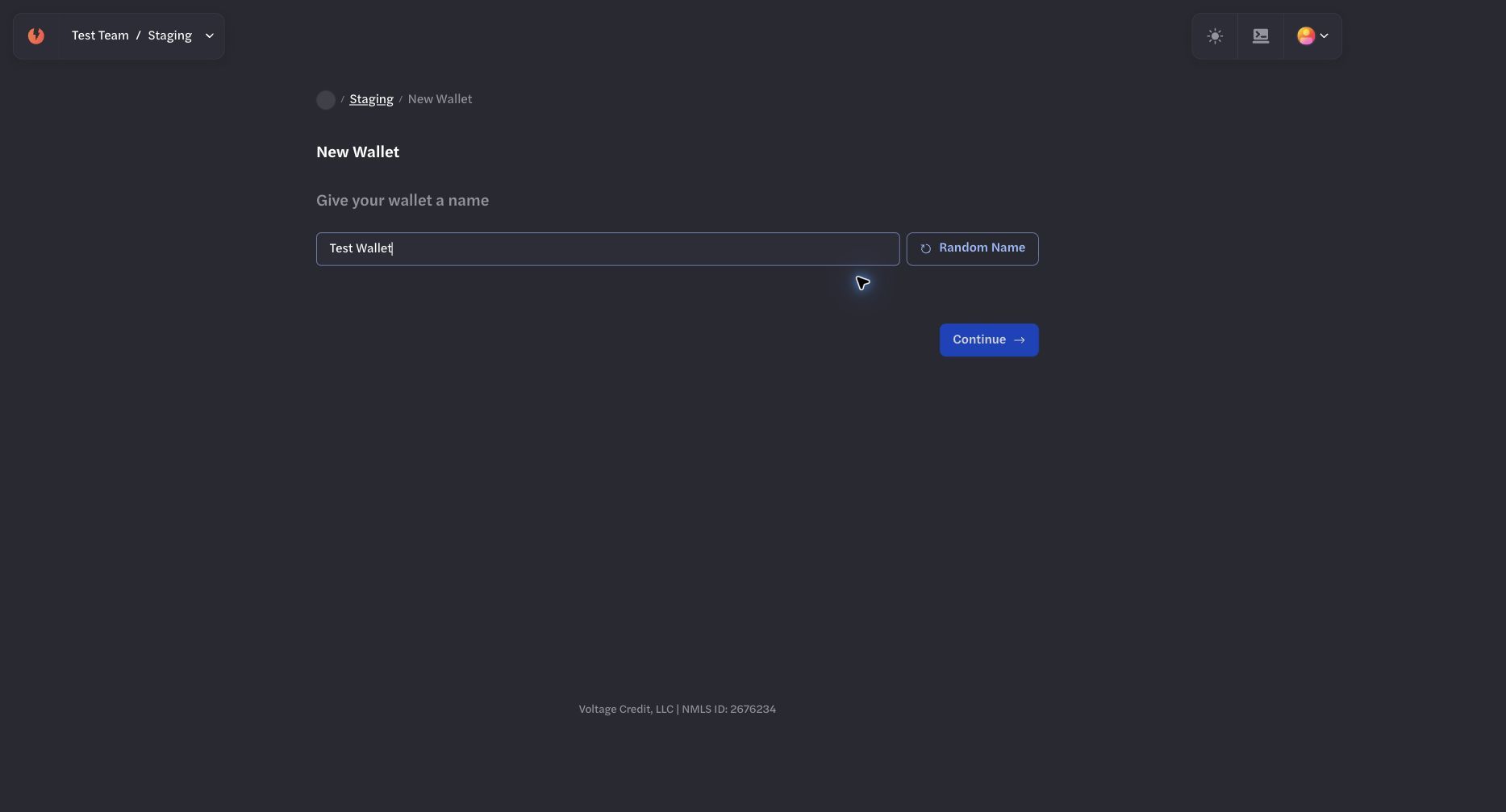 Development wallet name entered in the Add New Wallet flow Development wallet name entered in the Add New Wallet flow