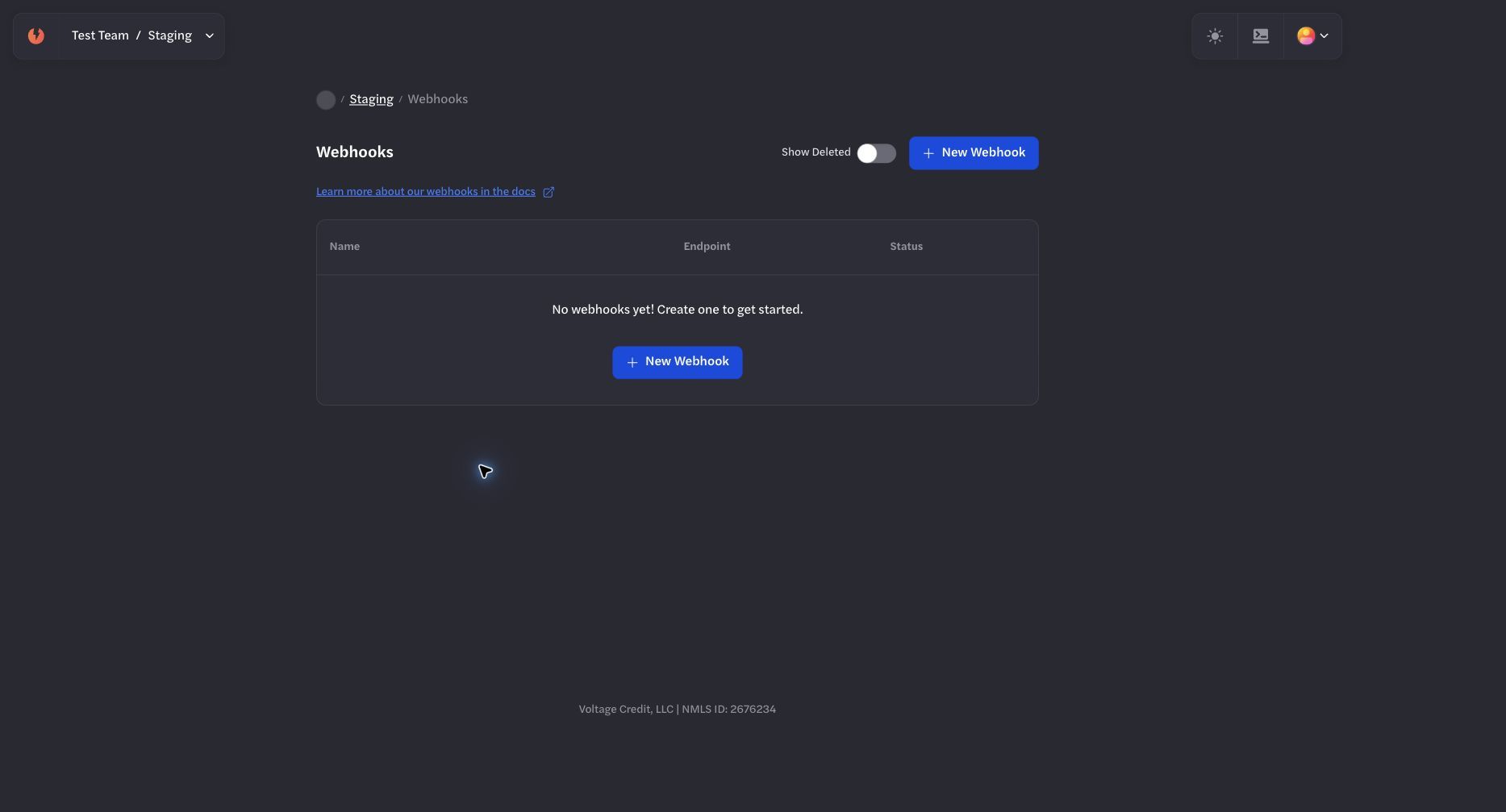Empty Webhooks page for the selected environment Empty Webhooks page for the selected environment
