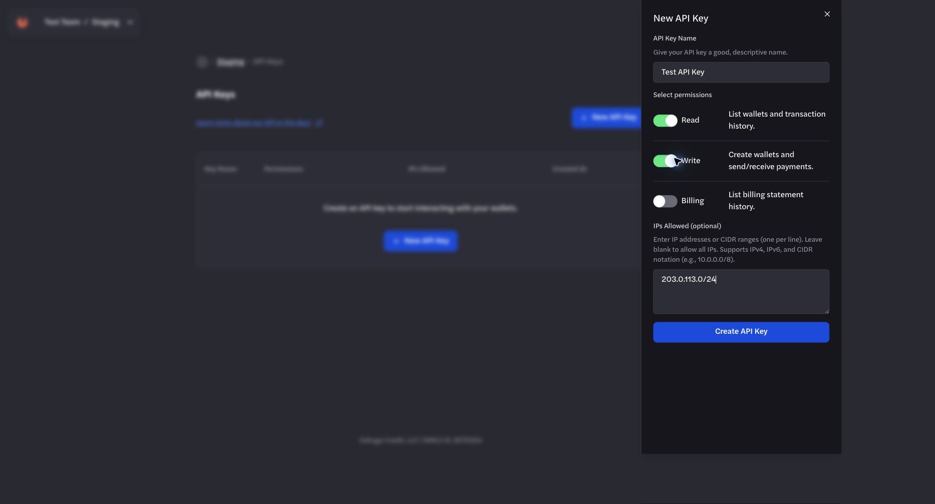 Create API Key form with permissions and an example IP allowlist Create API Key form with permissions and an example IP allowlist