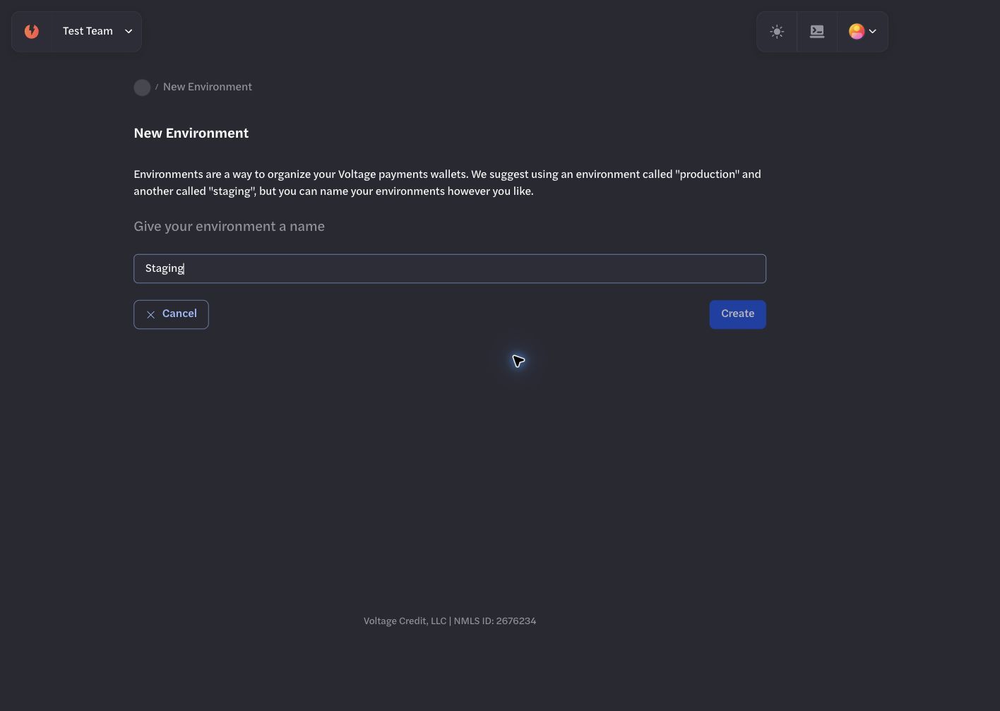 New Environment form filled with the name Staging New Environment form filled with the name Staging