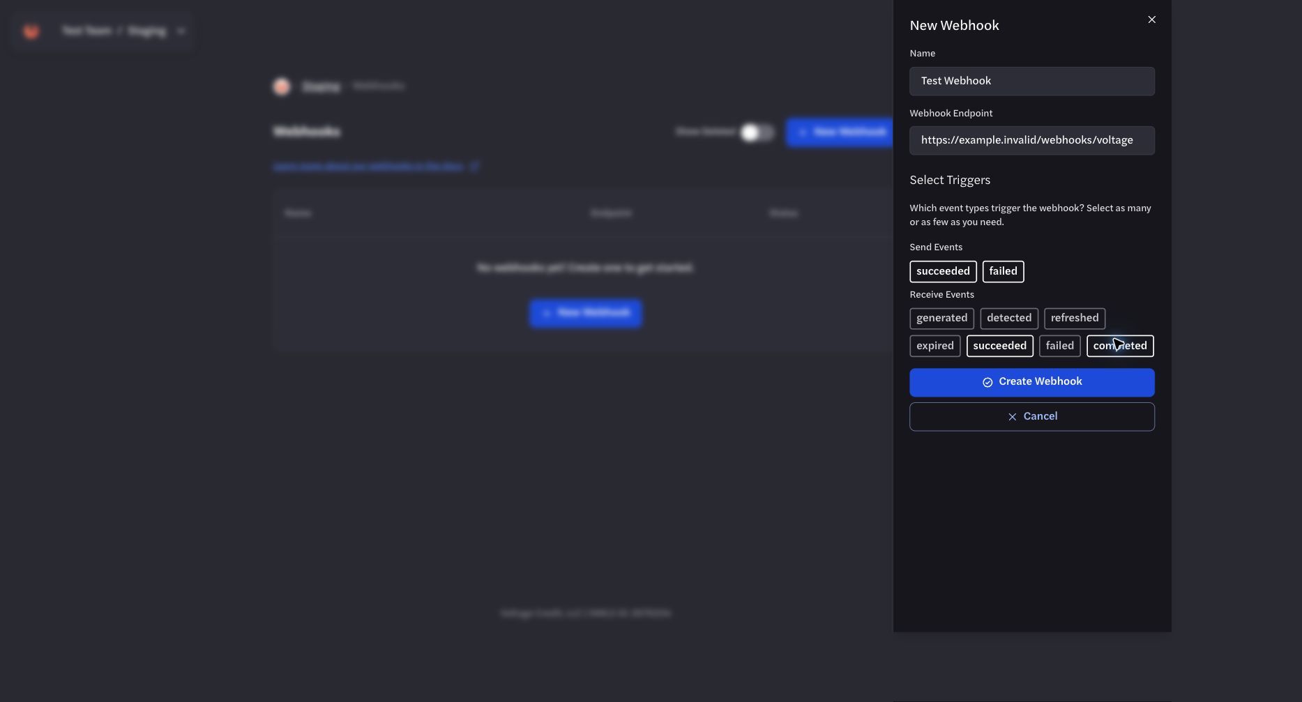 Create Webhook form with a safe example URL and event selections Create Webhook form with a safe example URL and event selections