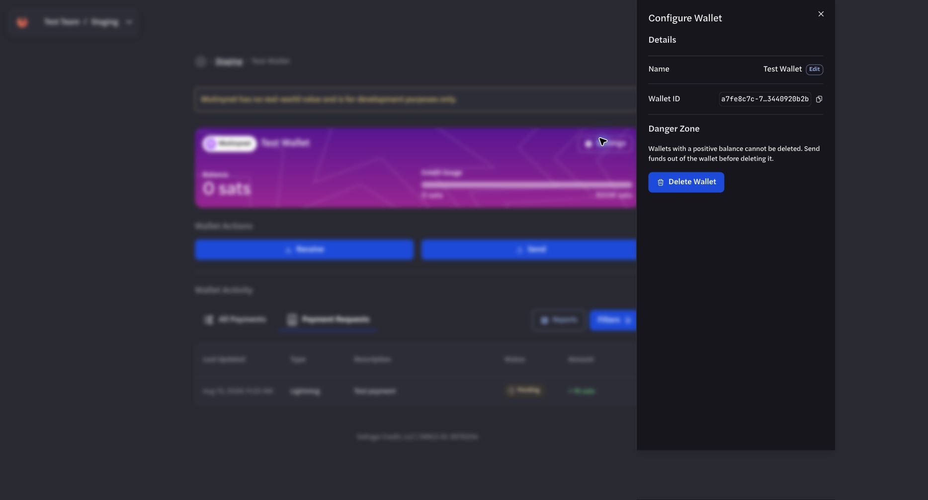 Wallet Settings page for a Development wallet Wallet Settings page for a Development wallet