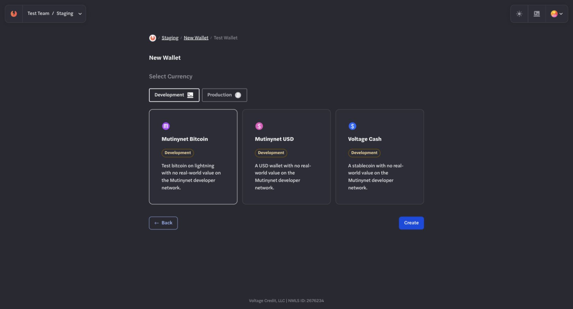 Development wallet choices showing Mutinynet Bitcoin selected with Mutinynet USD and Voltage Cash unselected Development wallet choices showing Mutinynet Bitcoin selected with Mutinynet USD and Voltage Cash unselected