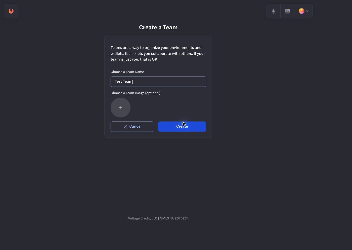 Create a Team form filled with the neutral name Test Team Create a Team form filled with the neutral name Test Team
