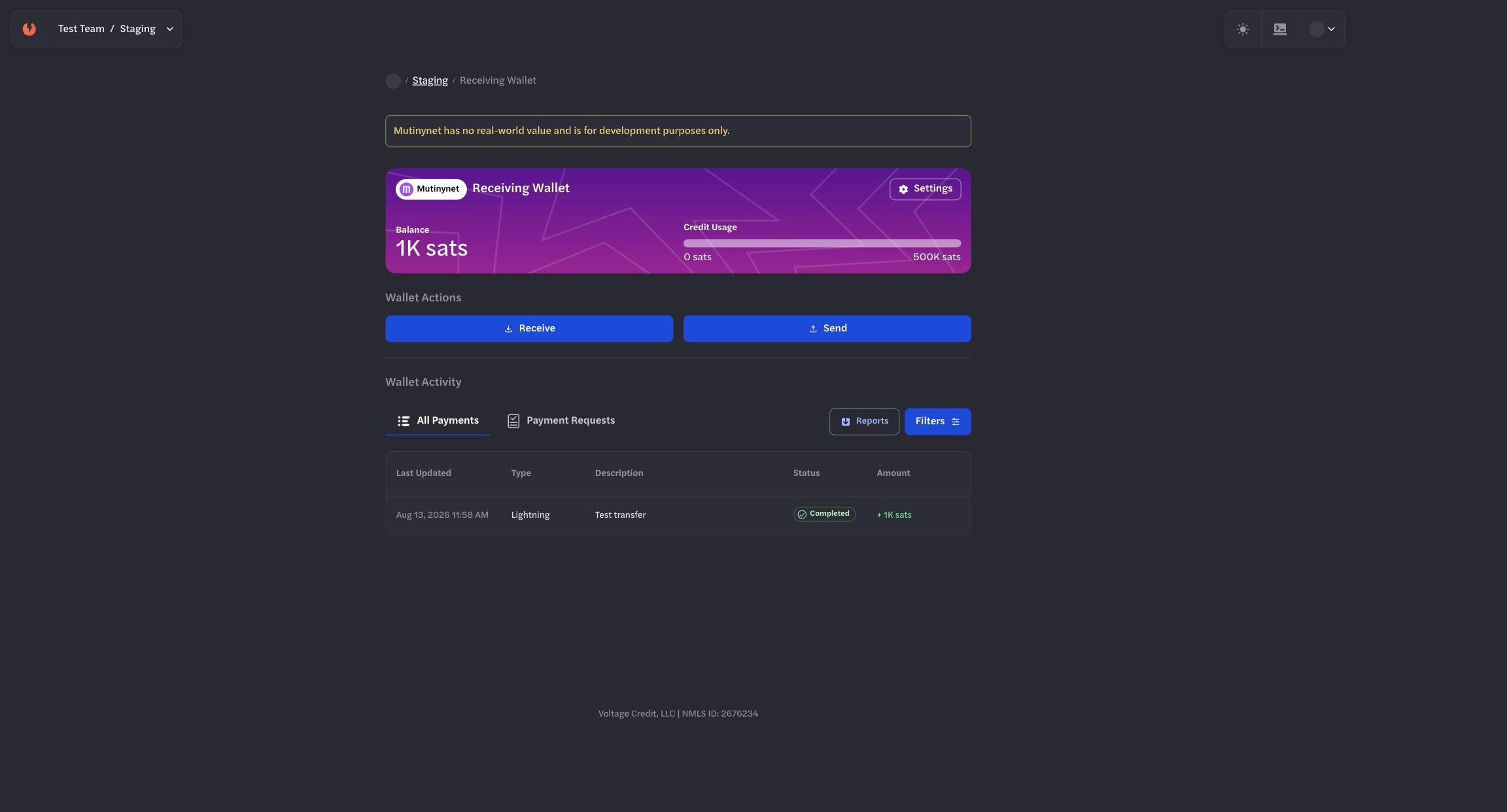 Incoming test payment in the receiving wallet history Incoming test payment in the receiving wallet history