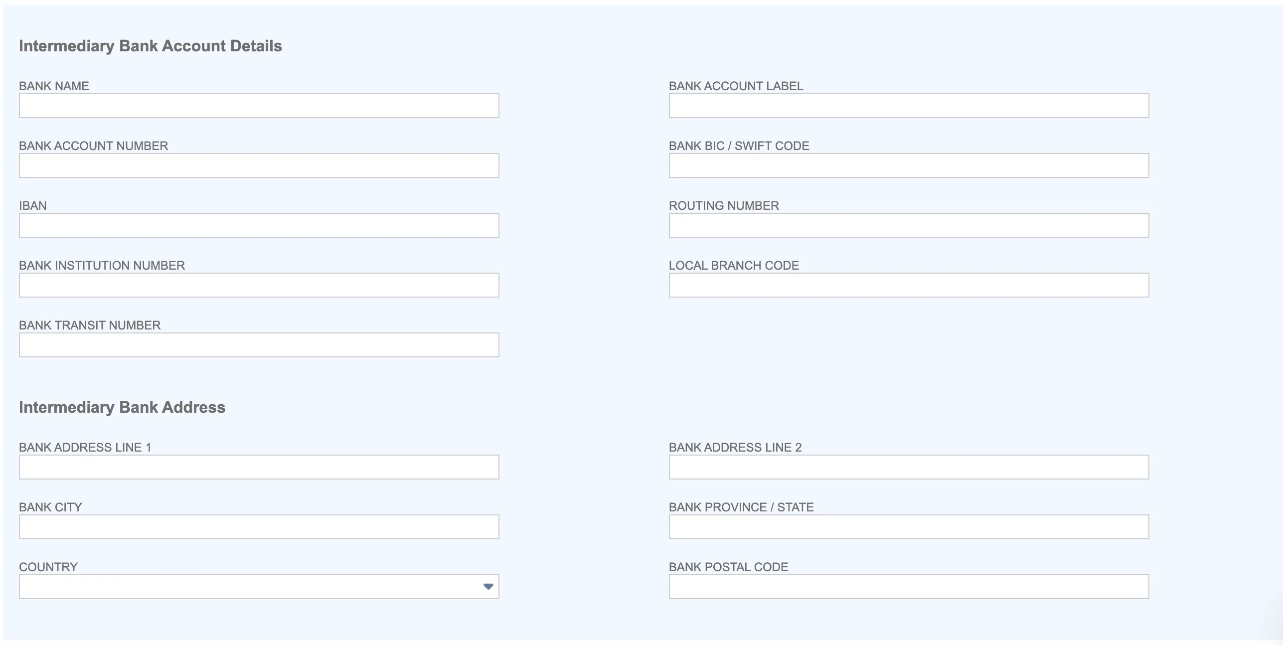 Enter Intermediary Bank Account Information