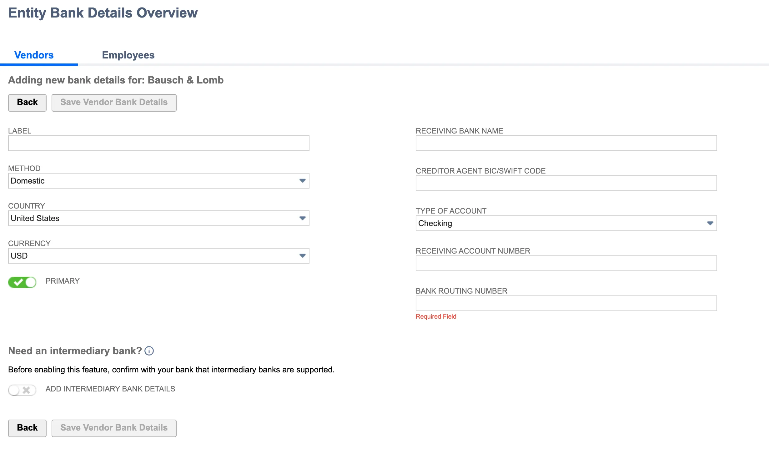 Add Vendor Bank Information