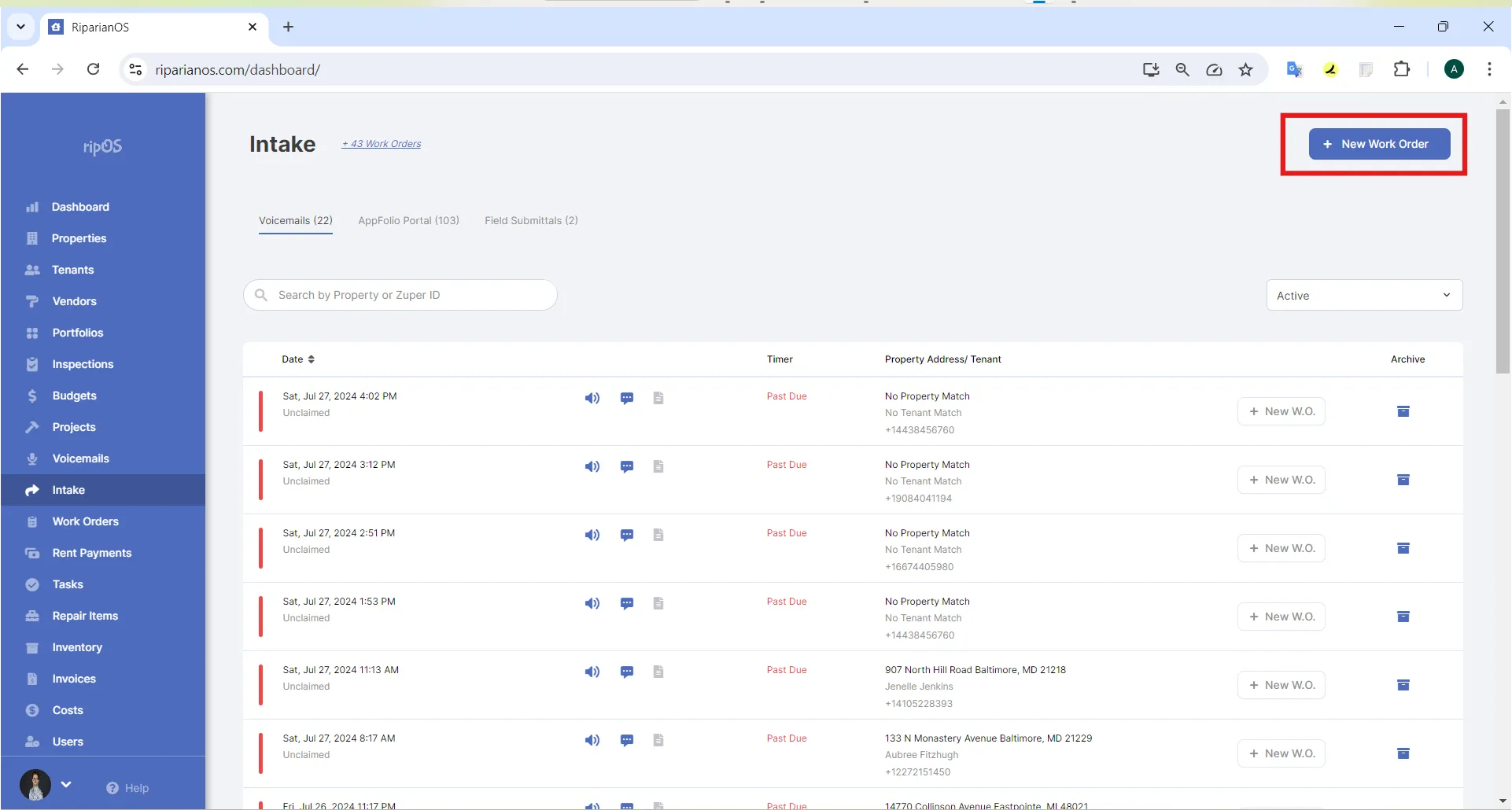 Users can create new work orders with the new Work Order button