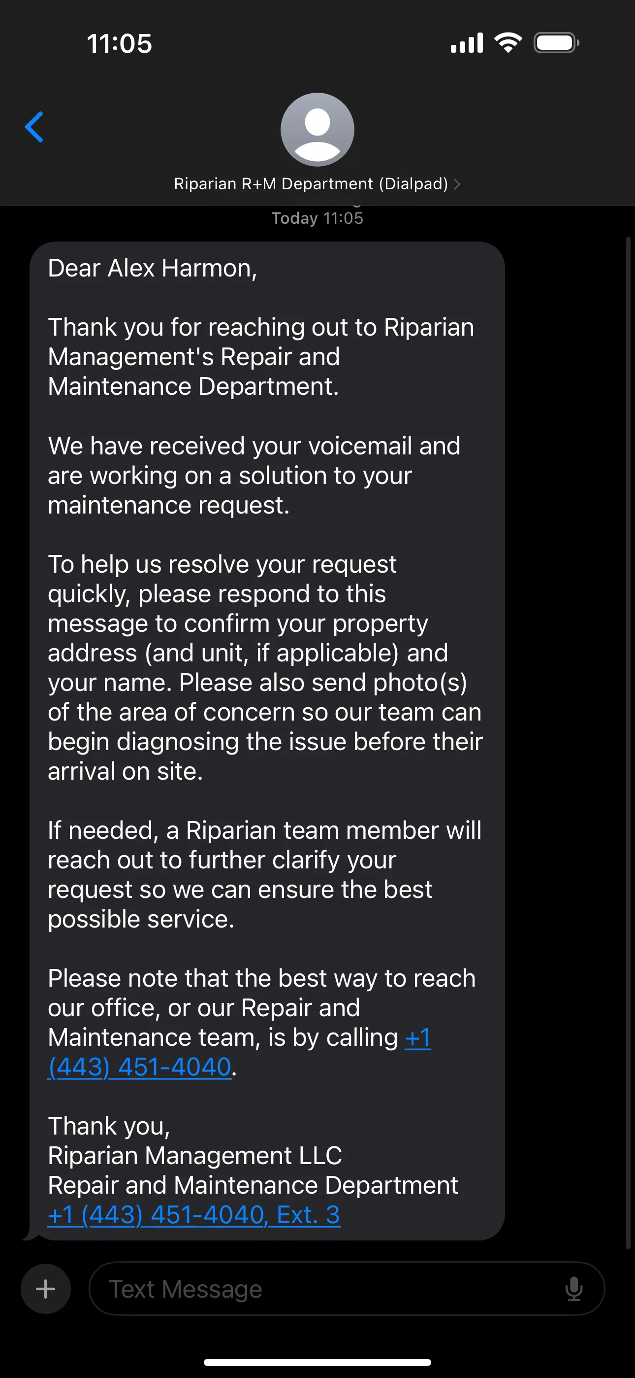 This text is sent to each caller who leaves a Voicemail. Images sent in response will surface in RipOS.