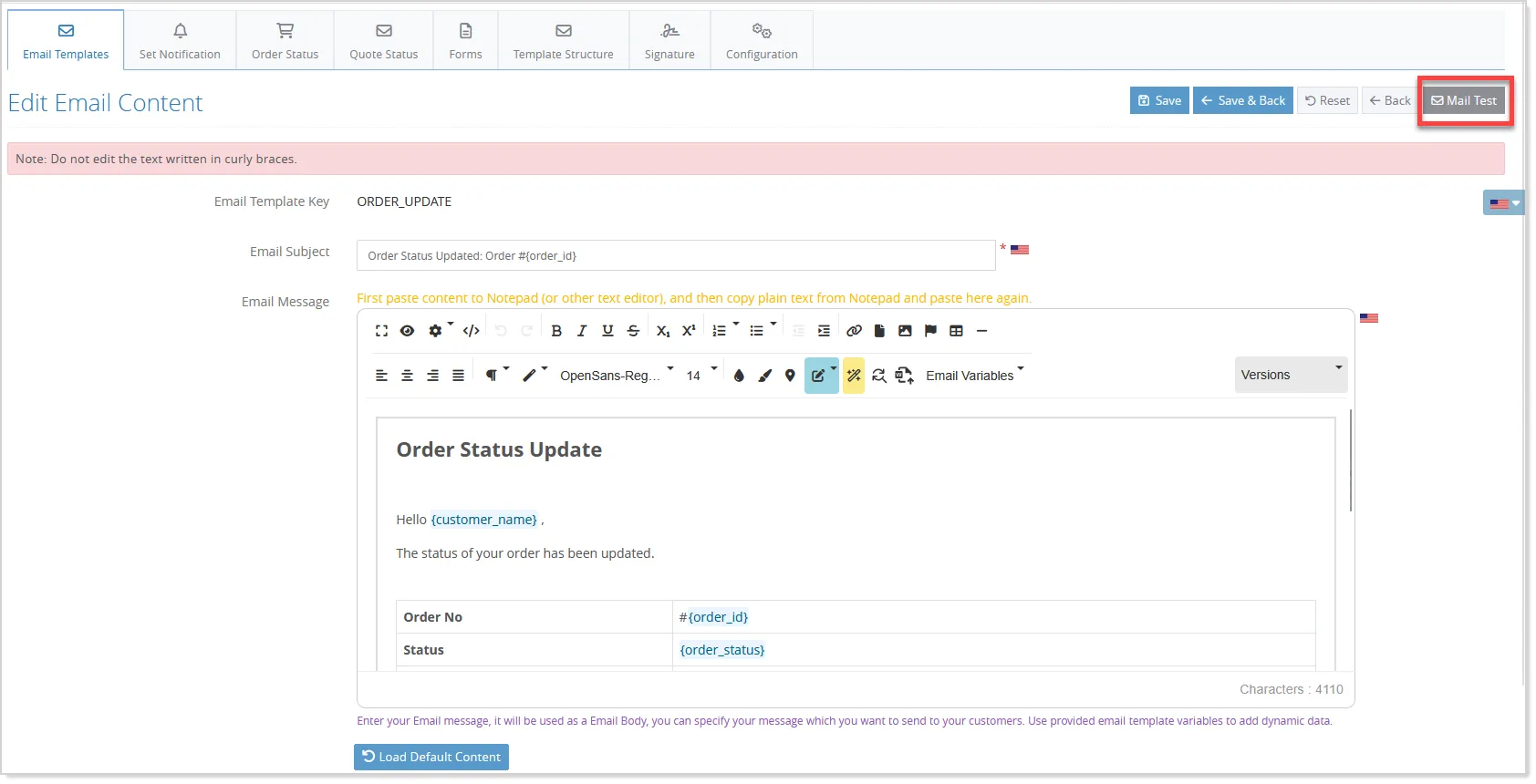 Mail Test - Edit Email Screen