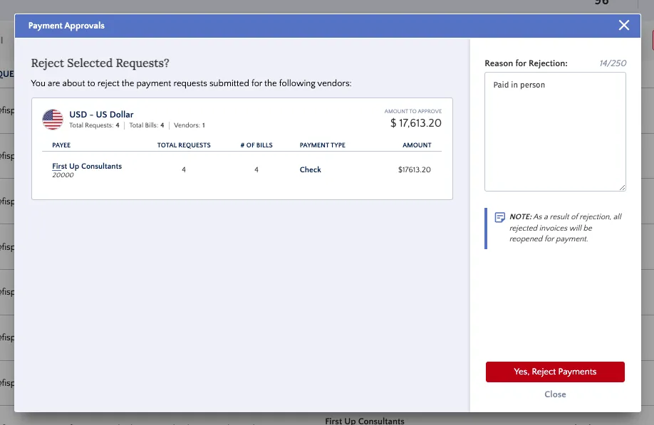 Click Yes, Reject Payments