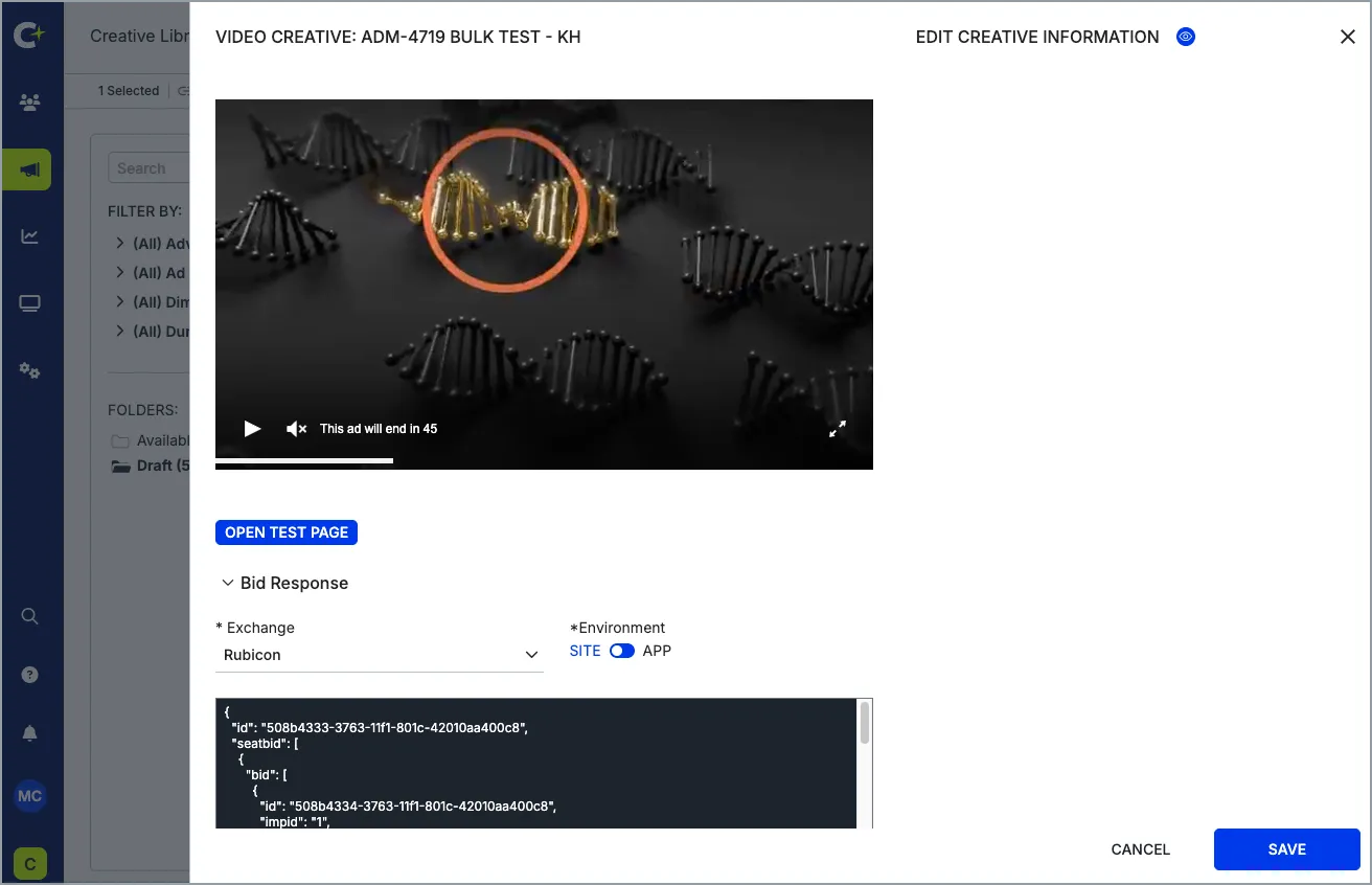 Creative preview and test panel