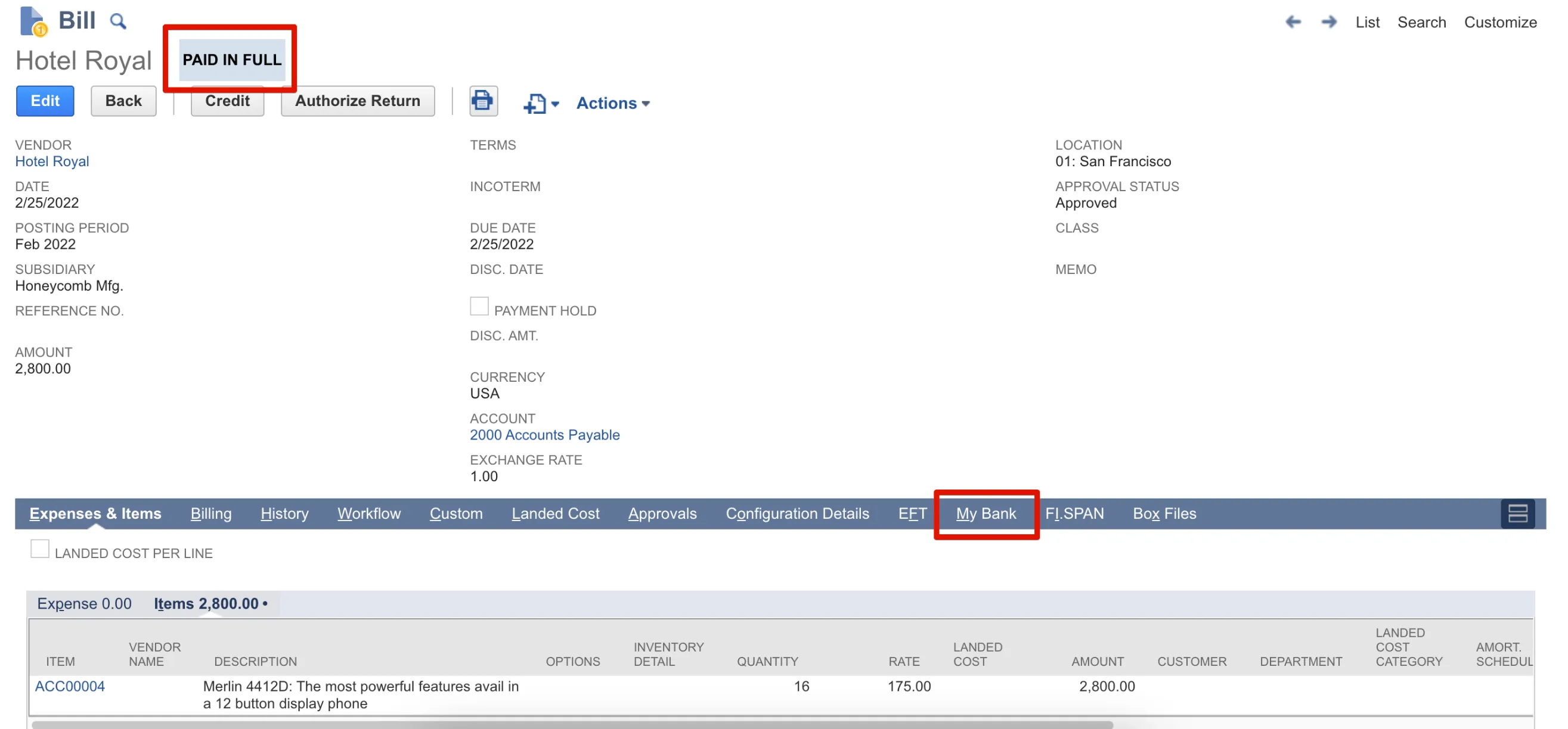 Check Bill is marked as "PAID IN FULL"