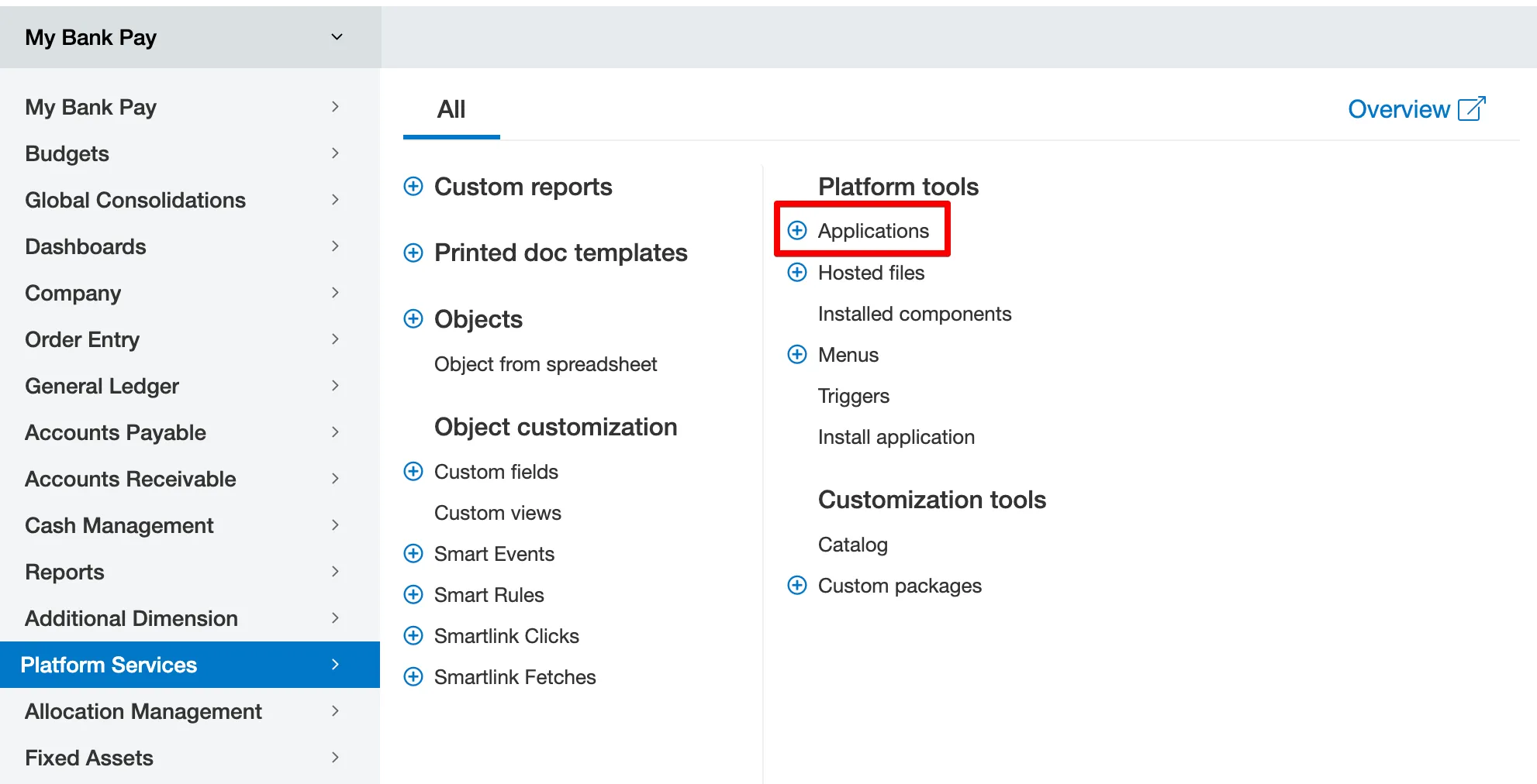 Navigate to "Applications" in Intacct