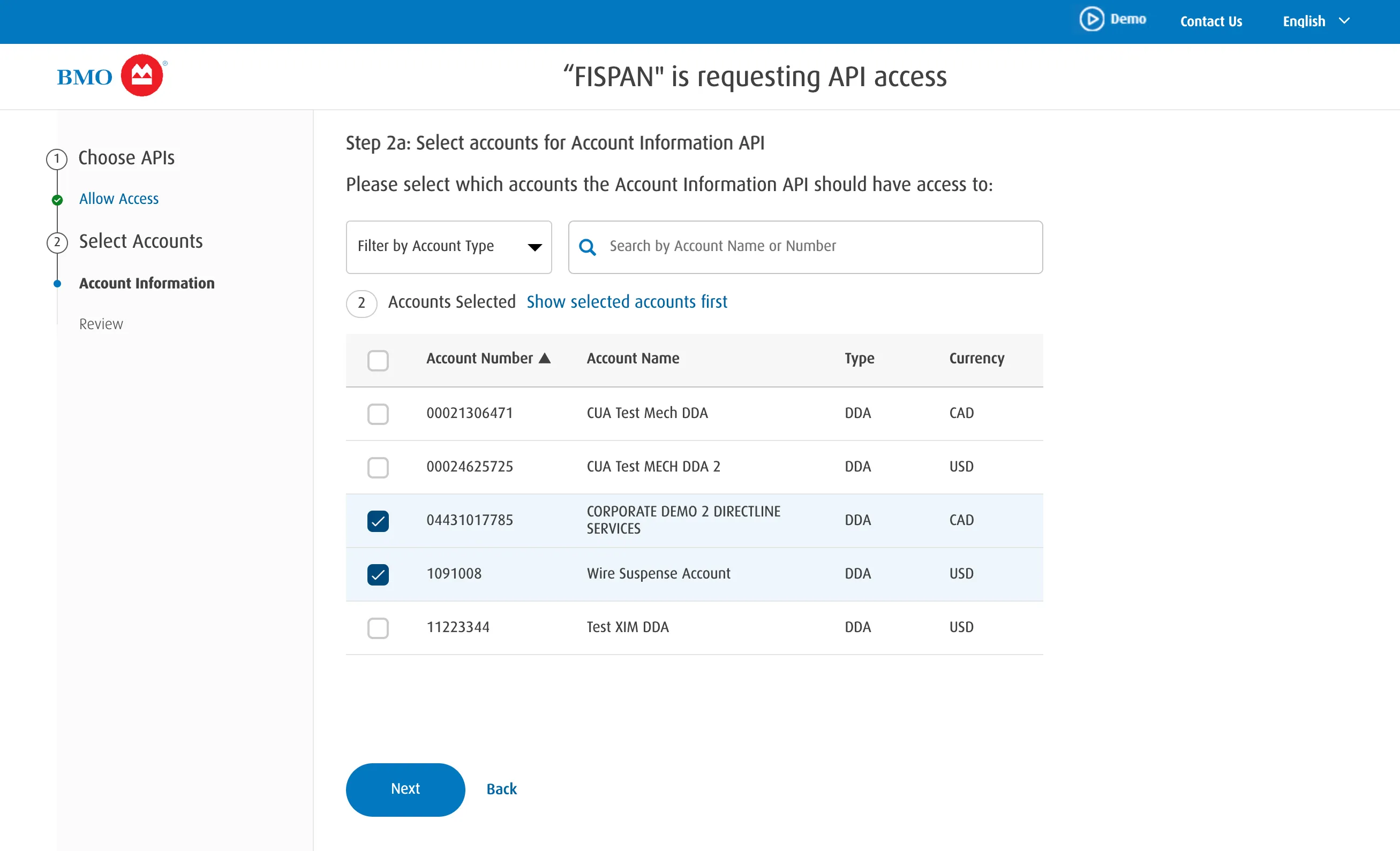 Select accounts for Account Information API access Select accounts for Account Information API access