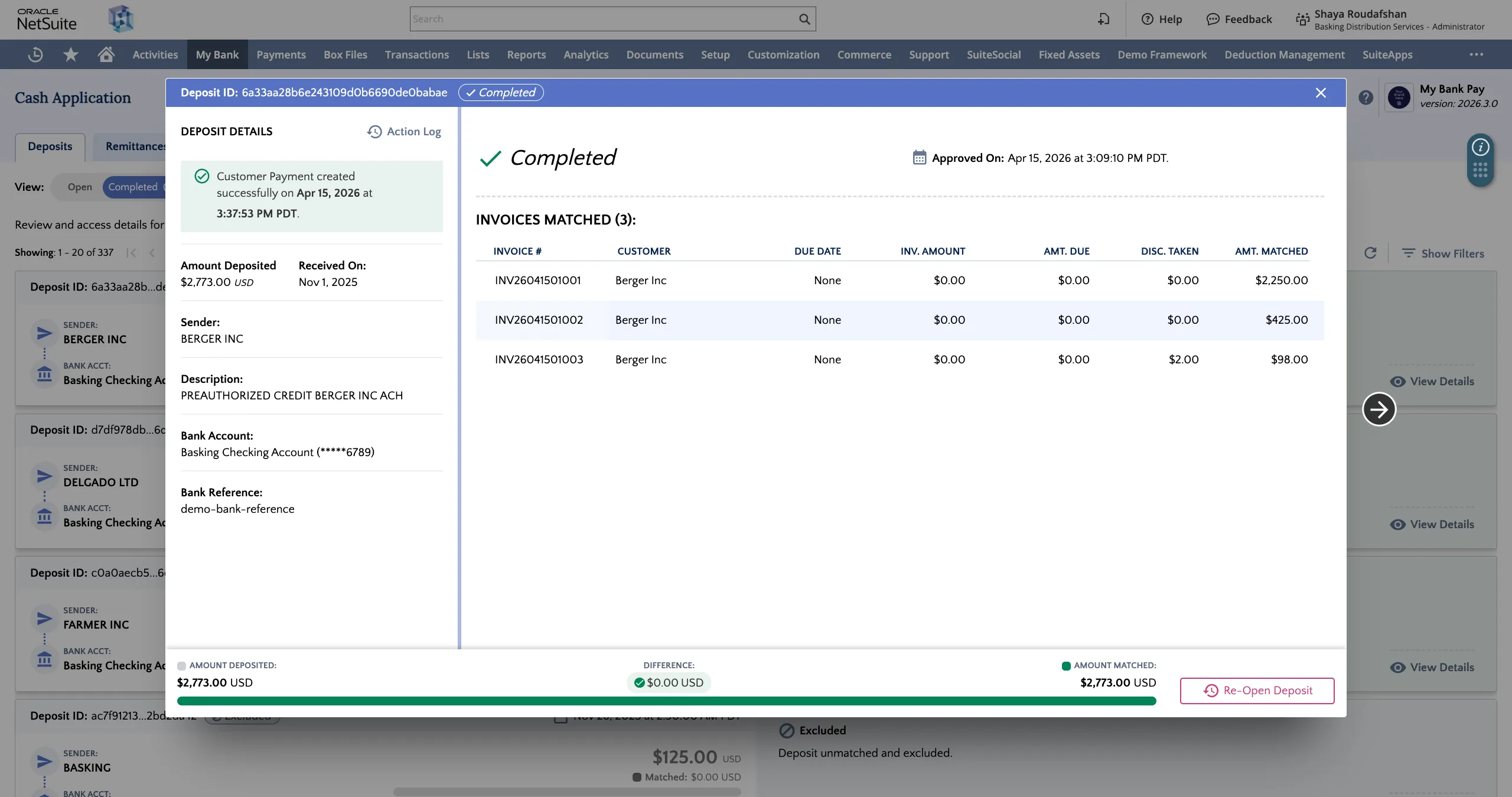 Completed deposit details on a deposit card shows the deposit details and any matched invoice details Completed deposit details on a deposit card shows the deposit details and any matched invoice details