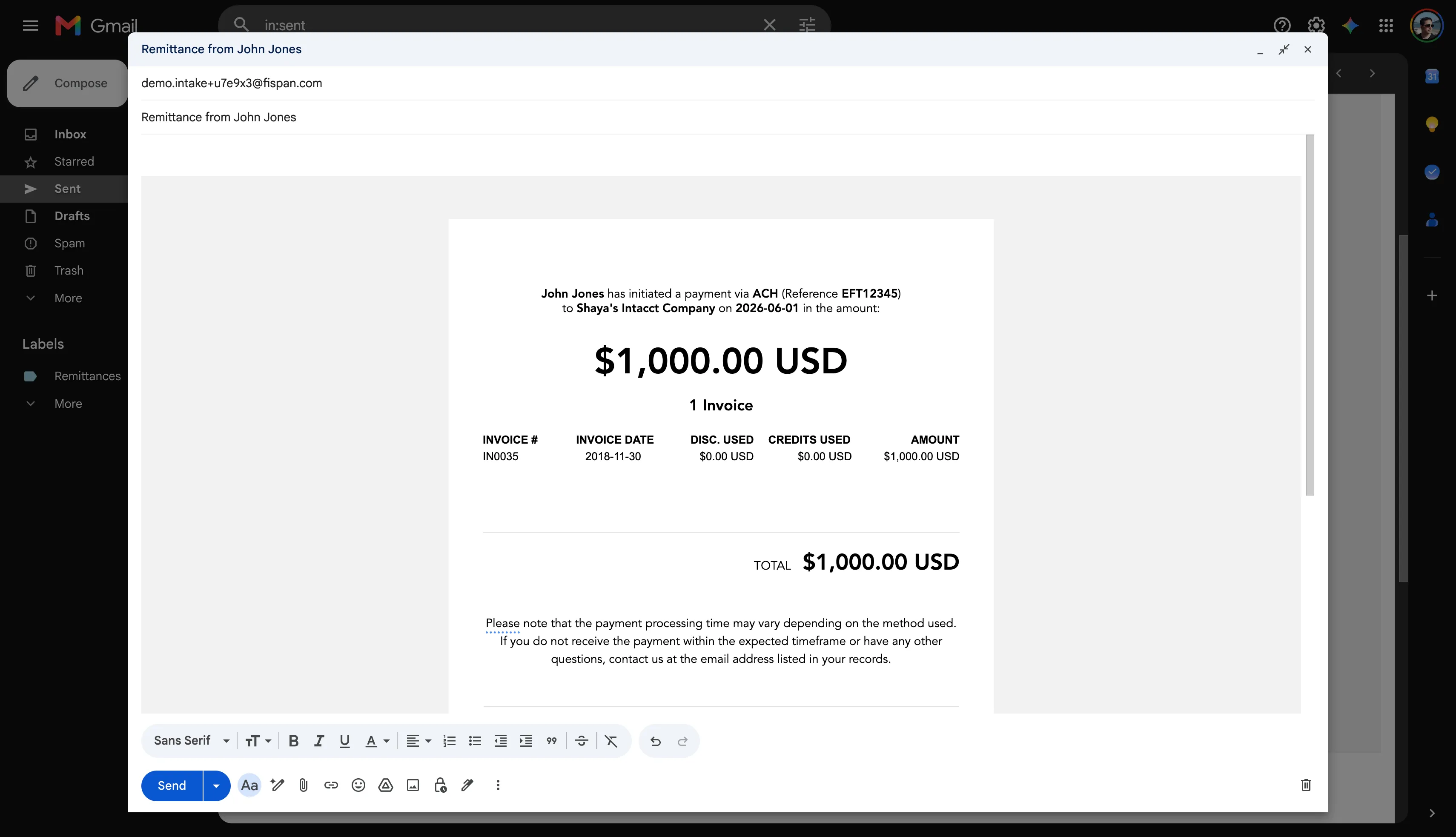 Forward remittance email