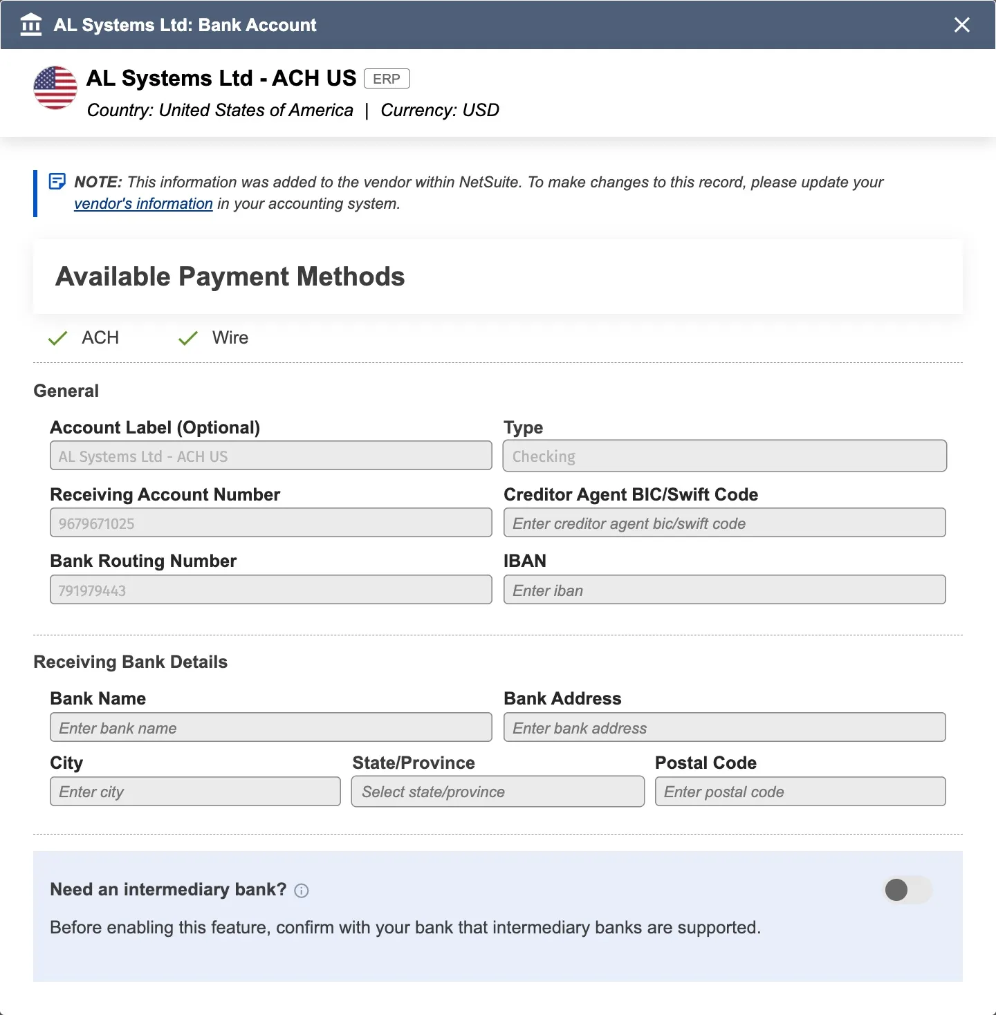 ERP Managed Bank Account