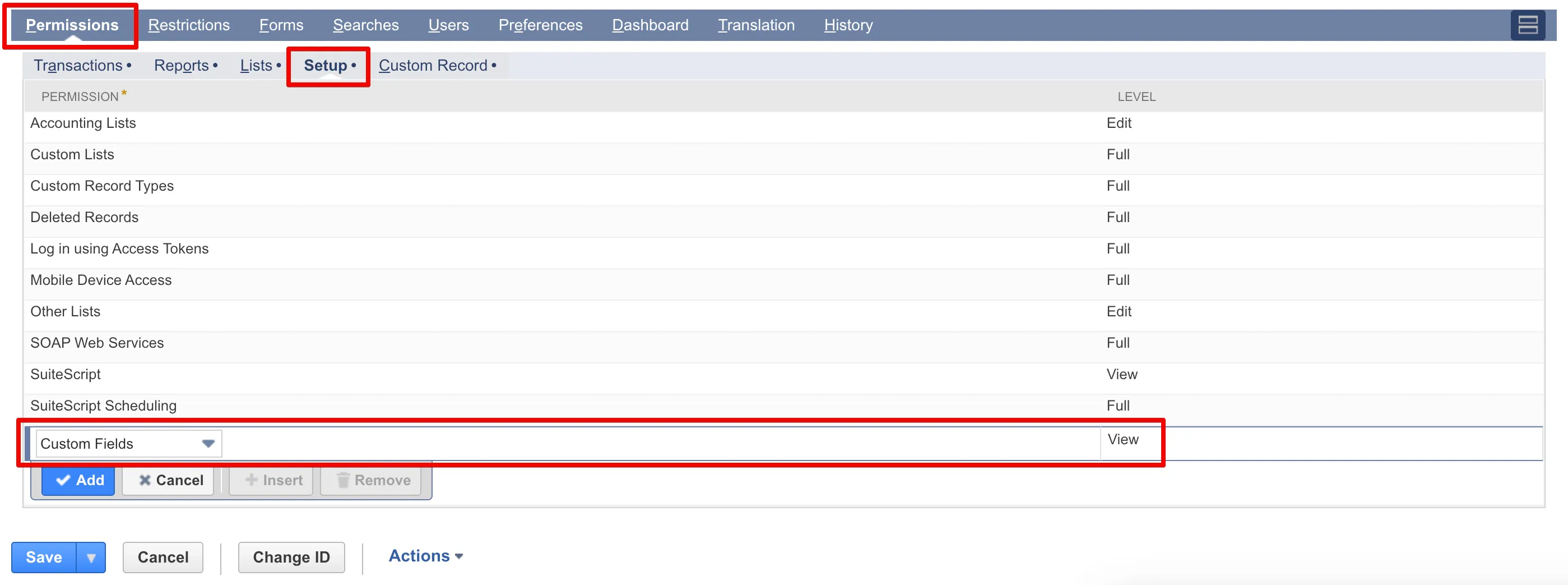 Custom Fields (Level: View) found on Permissions tab → Setup tab