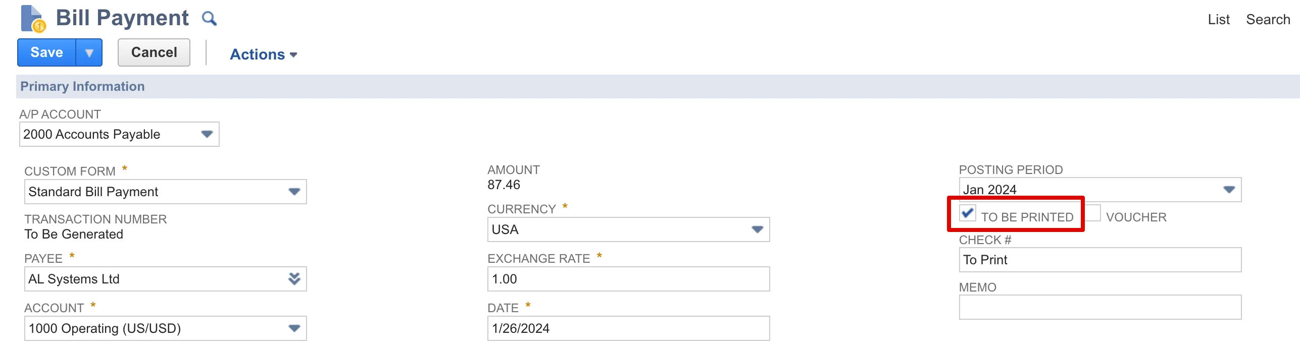 Select the "TO BE PRINTED" checkbox
