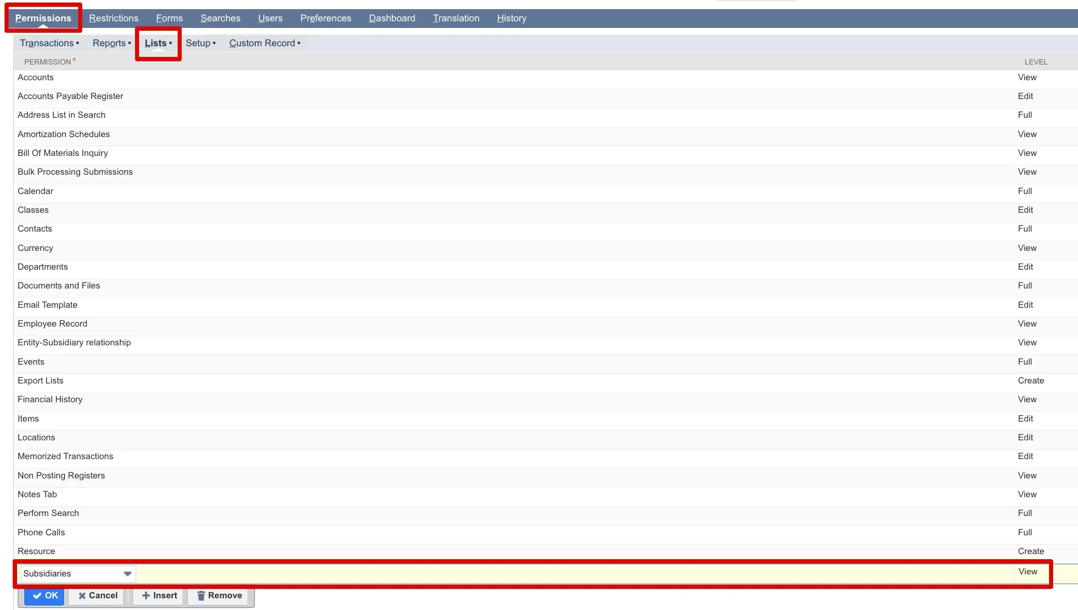 Subsidiaries (Level: View) found on the Permissions tab → List tab
