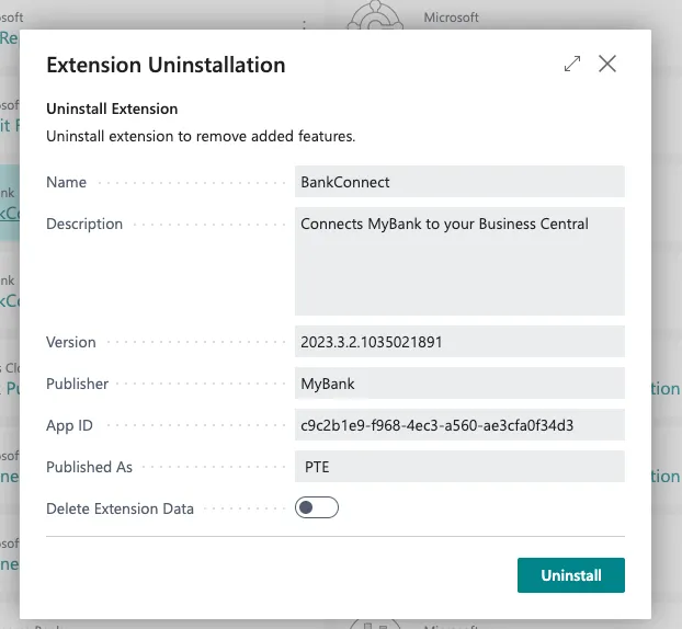 Extension Uninstallation window