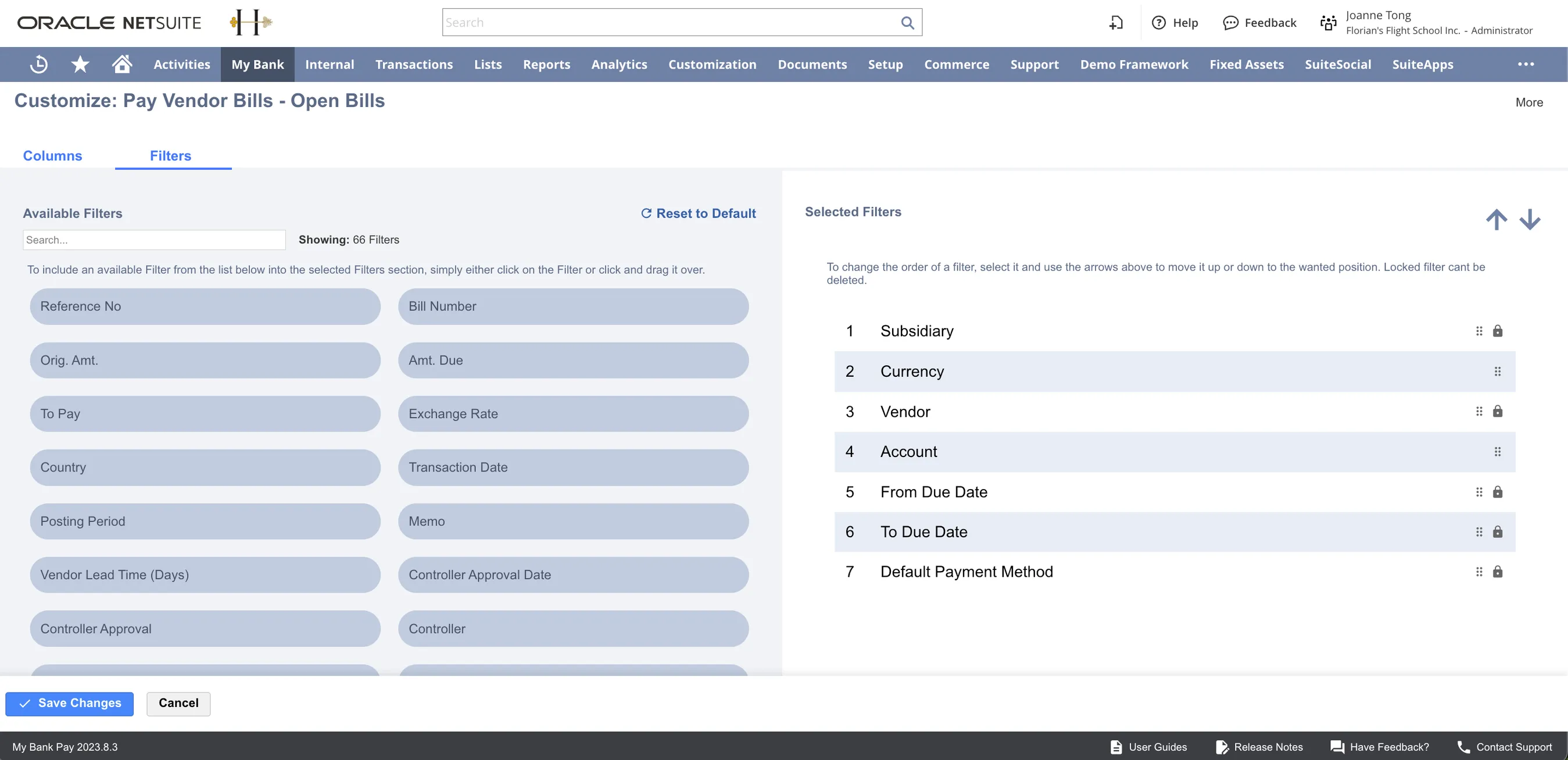 Customize: Pay Vendor Bills page on the Filters sub-tab