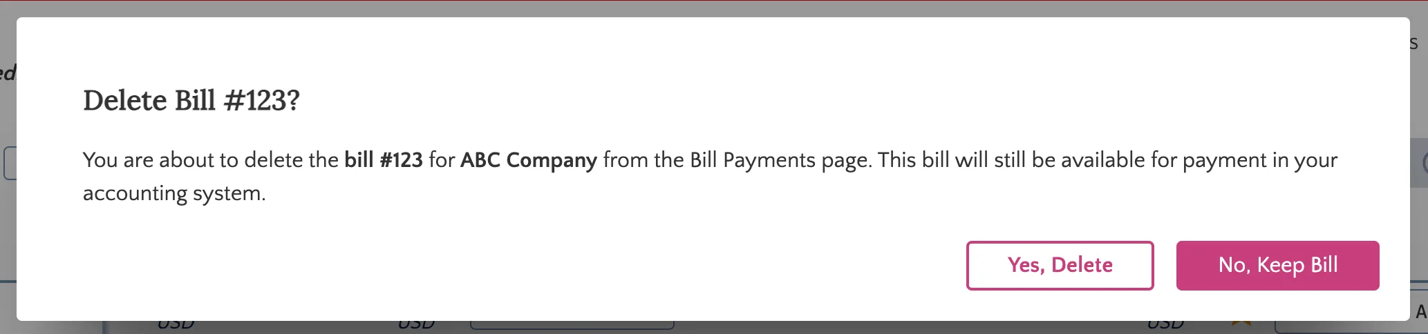Delete Bill Confirmation Popup