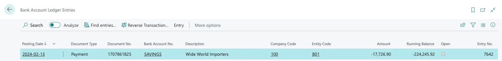 Bank Account Ledger Entries