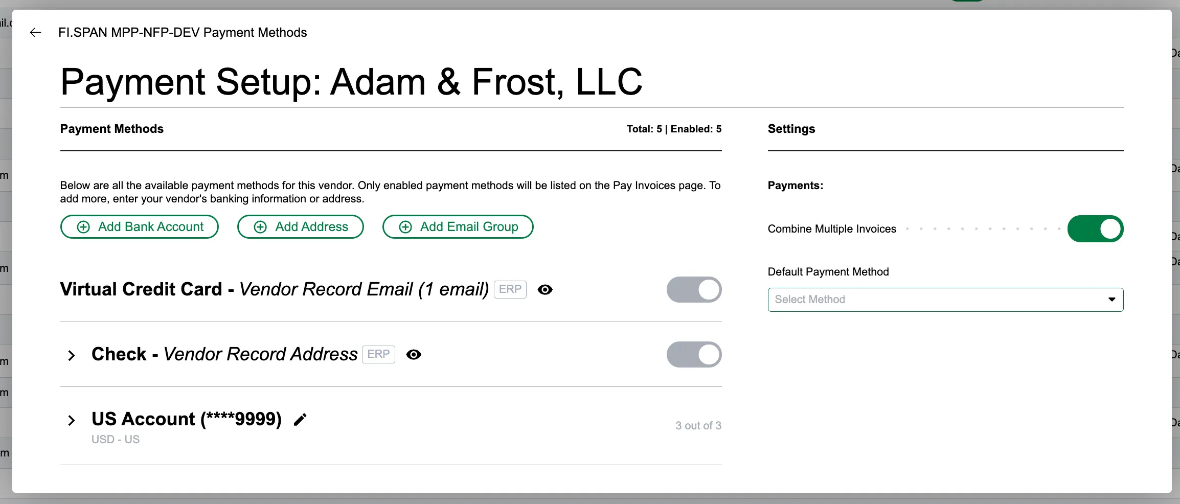 Payment Setup: VENDOR NAME window