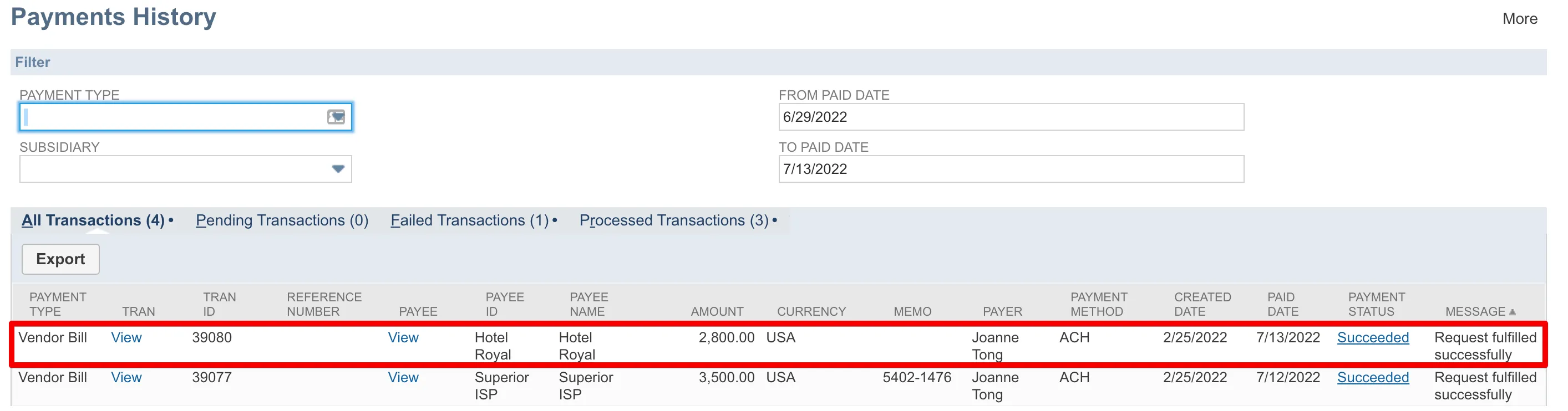 Payment History age showing paid bills