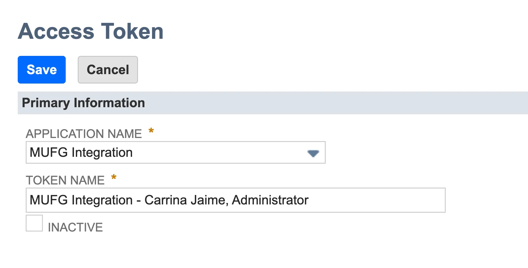 Select MUFG Integration in Application Name Dropdown