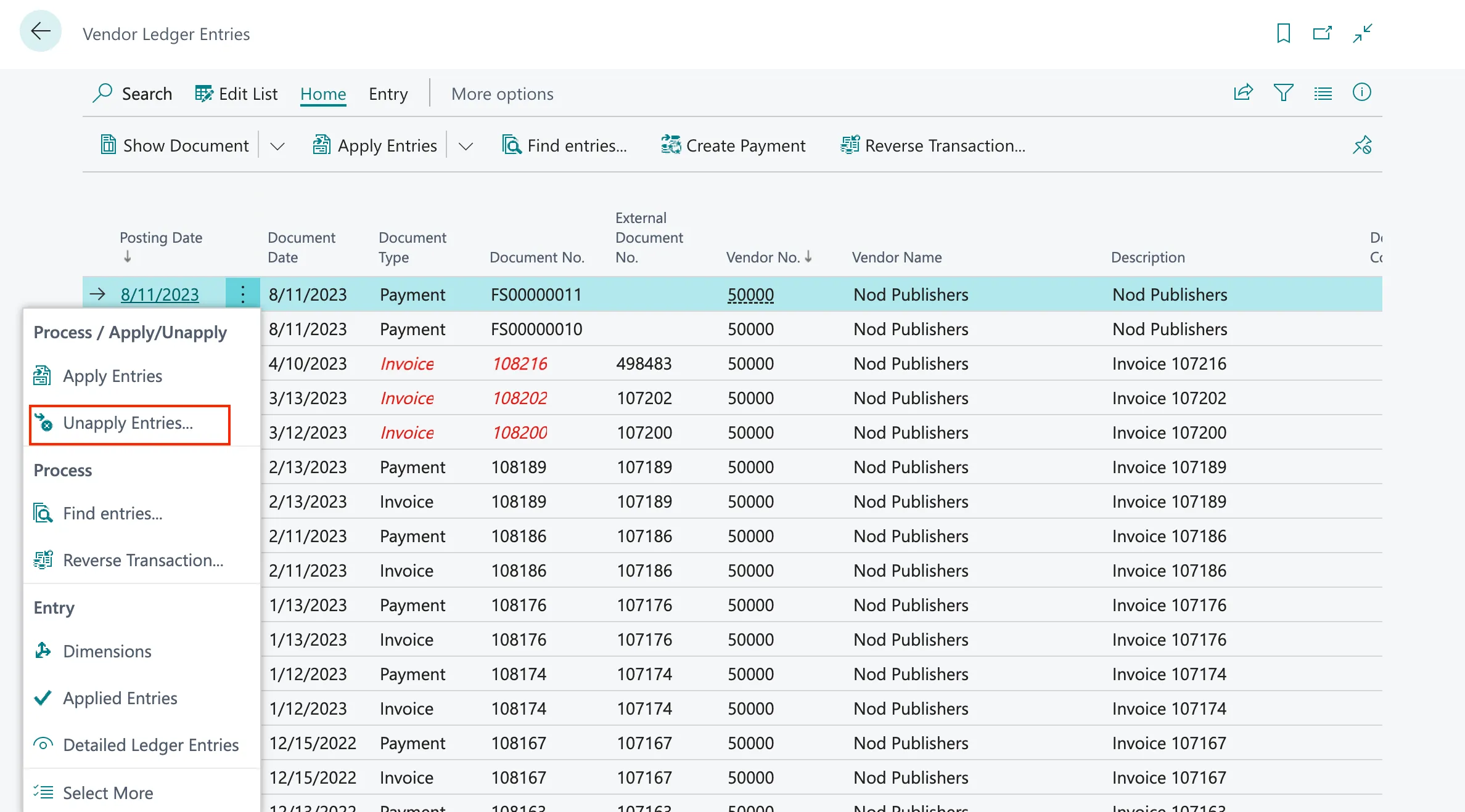 Click Unapply Entries