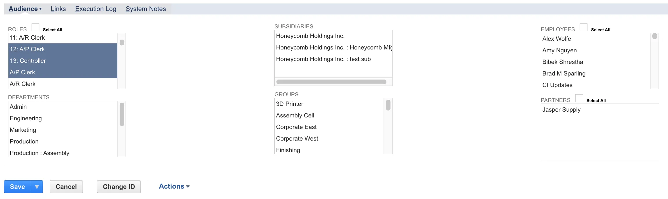 Select the appropriate roles, employees, etc. In this example, AP Clerks and Controllers have permissions