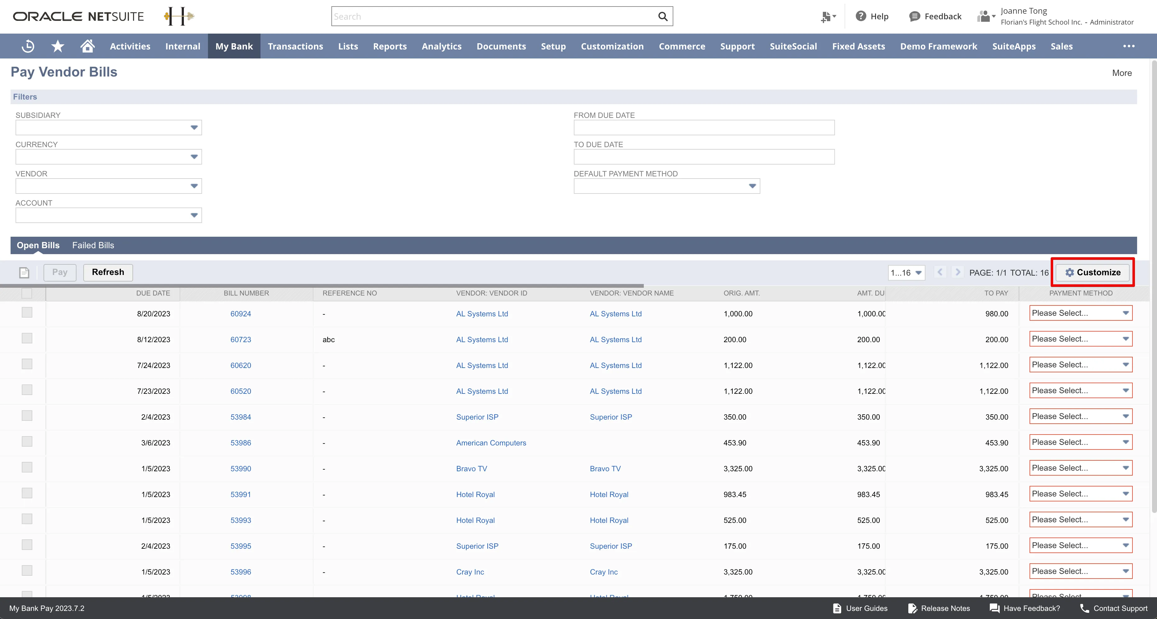 Customize Button Located on the Right of the Pay Vendor Bills Screen