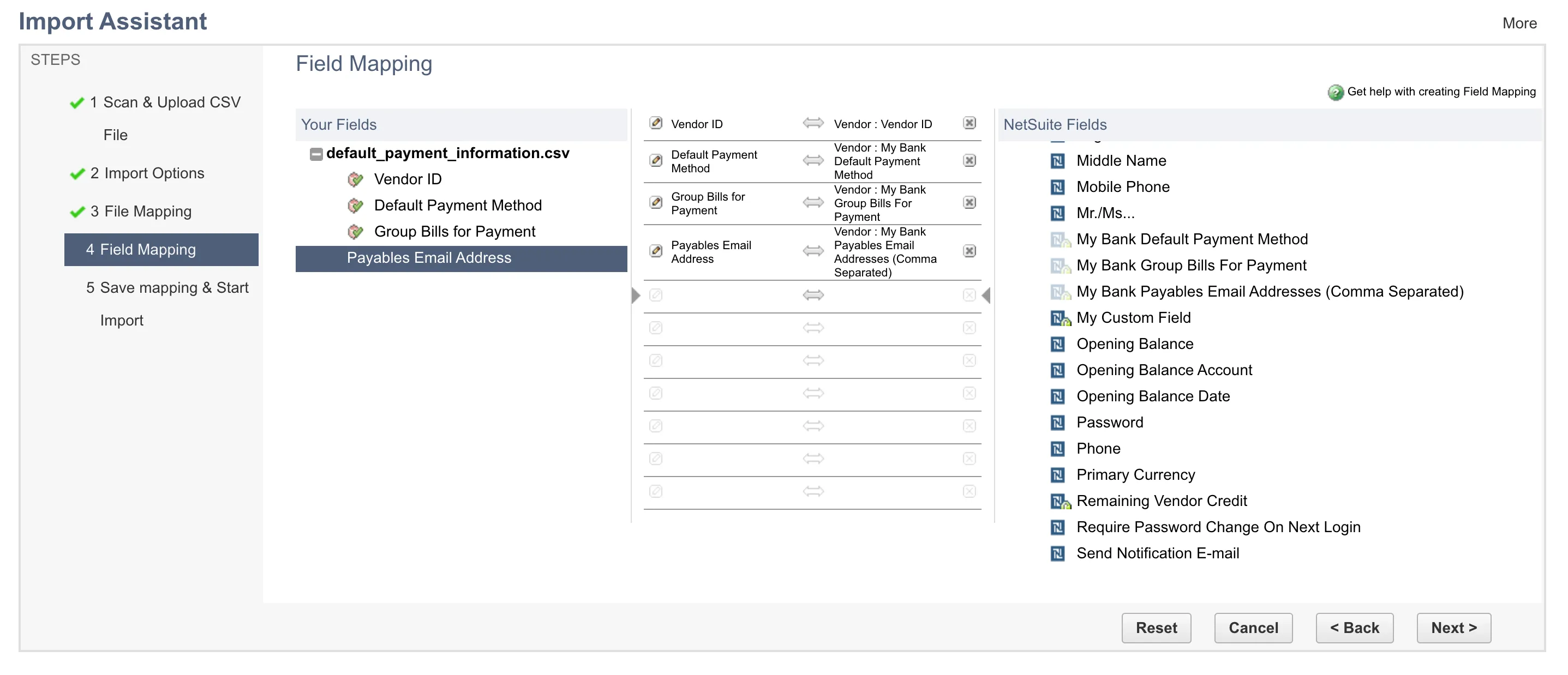 Sample field mapping