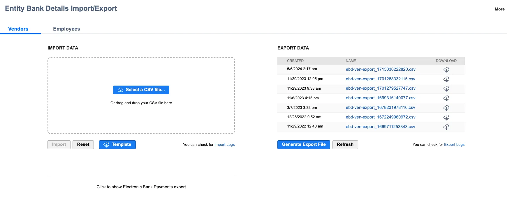 Entity Bank Details - Import/Export page