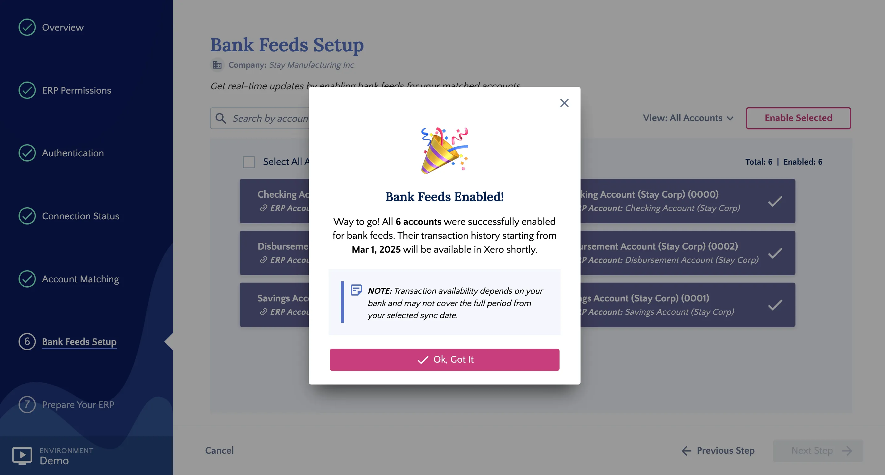 Bank Feeds Connection Successfully Established